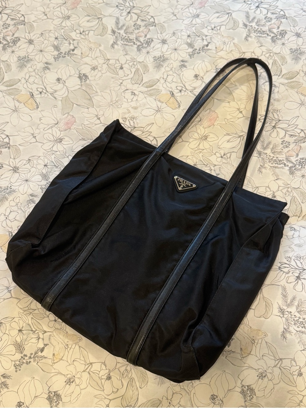 Prada Black Nylon Shoulder Tote with Leather Trim